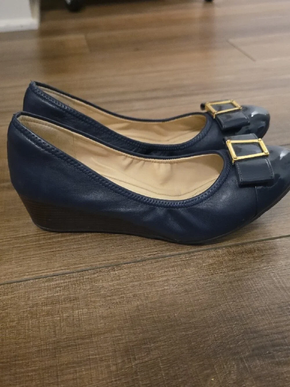 Cole Haan Navy Patent Ballet Flats with Gold Buckle